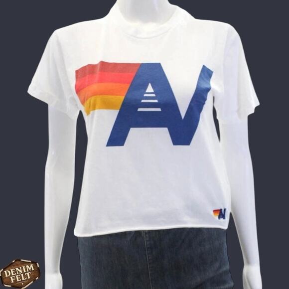 Aviator Nation Cropped AV Logo Graphic Tee White Rainbow T/Shirt Sz S - Picture 5 of 13
